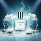 Perfume bottle labeled Alice & Bruce Aqua with water and cloud effects on a dark blue background