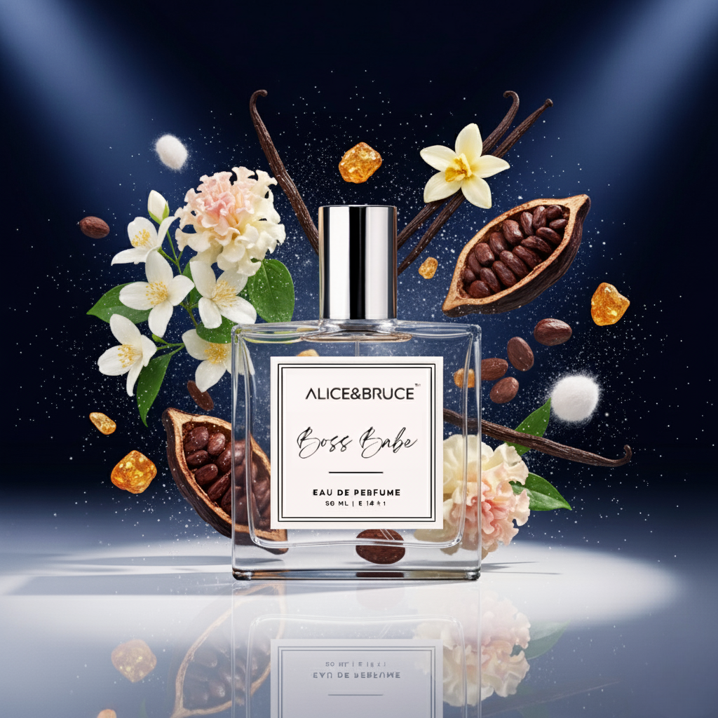 alice and bruce perfume bottle with flowers and vanilla beans on a dark background