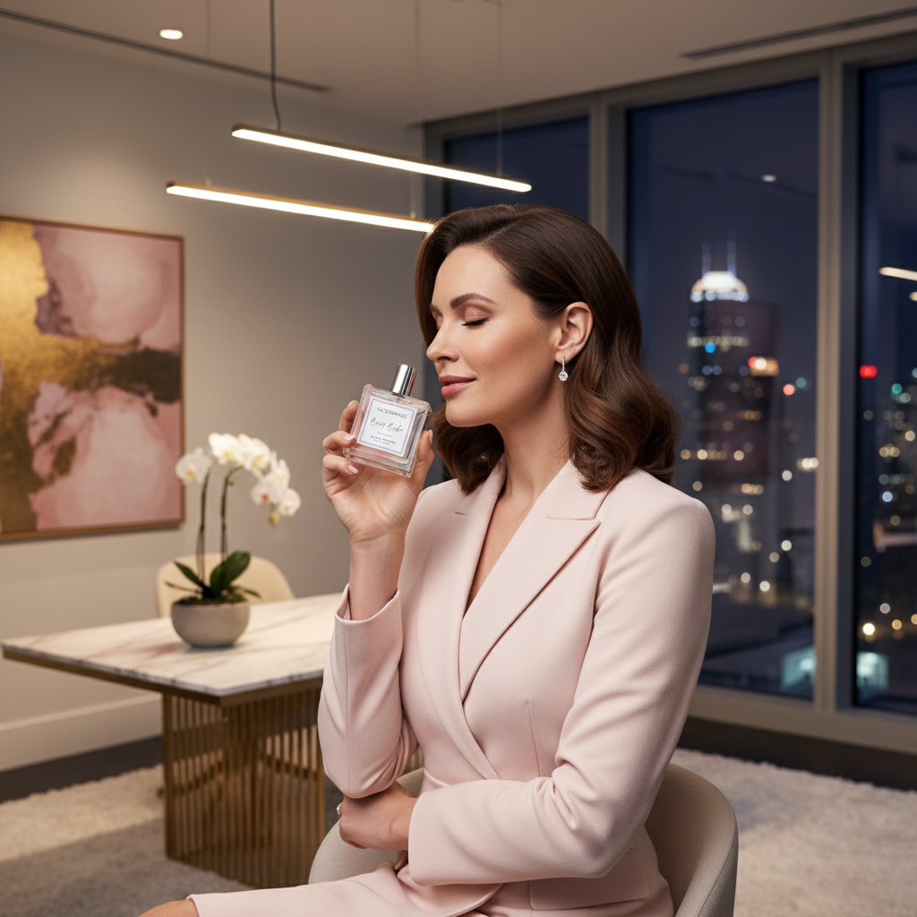 Woman holding a perfume bottle of alice and bruce in a stylish room with cityscape view