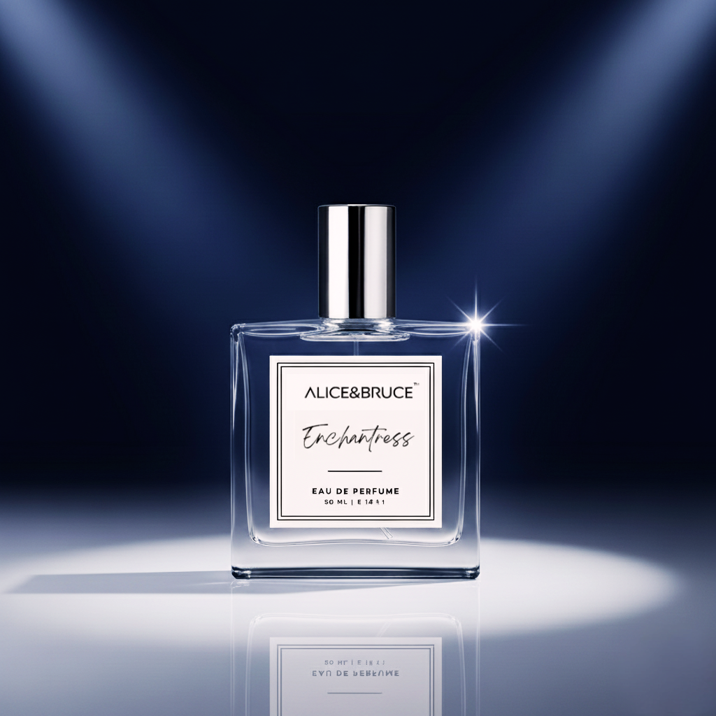 Perfume bottle labeled Alice & Bruce Enchantress on a dark background