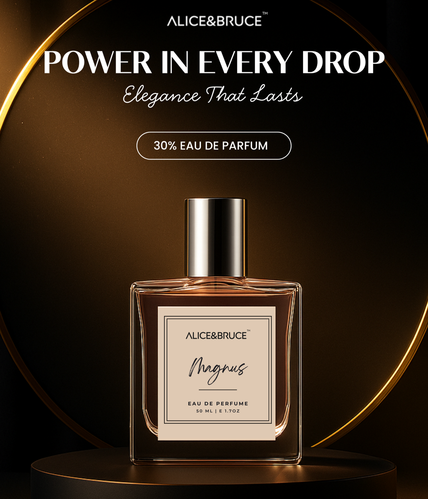 Alice and Bruce Magnus perfume bottle with brand name and product description on a dark background