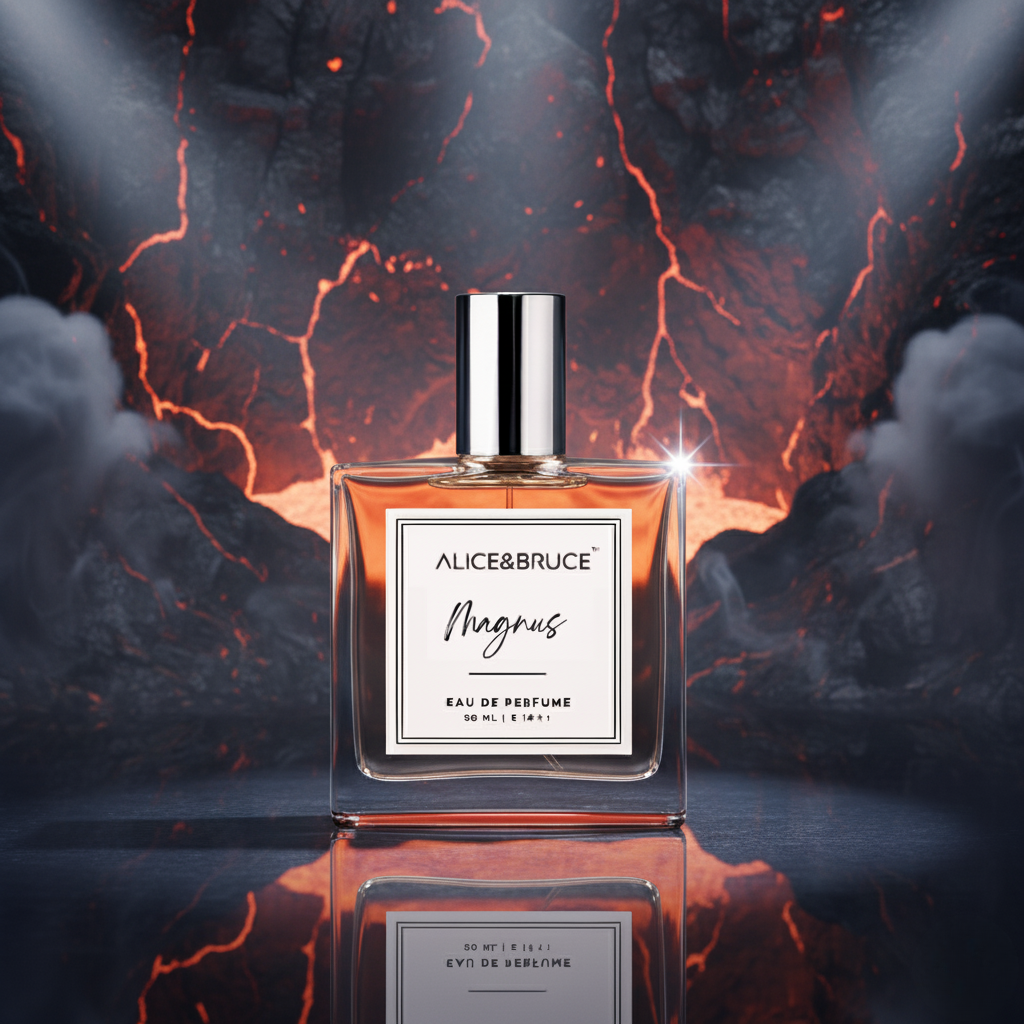 Perfume bottle labeled Alice & Bruce Magnus with a dramatic background of flames and smoke.