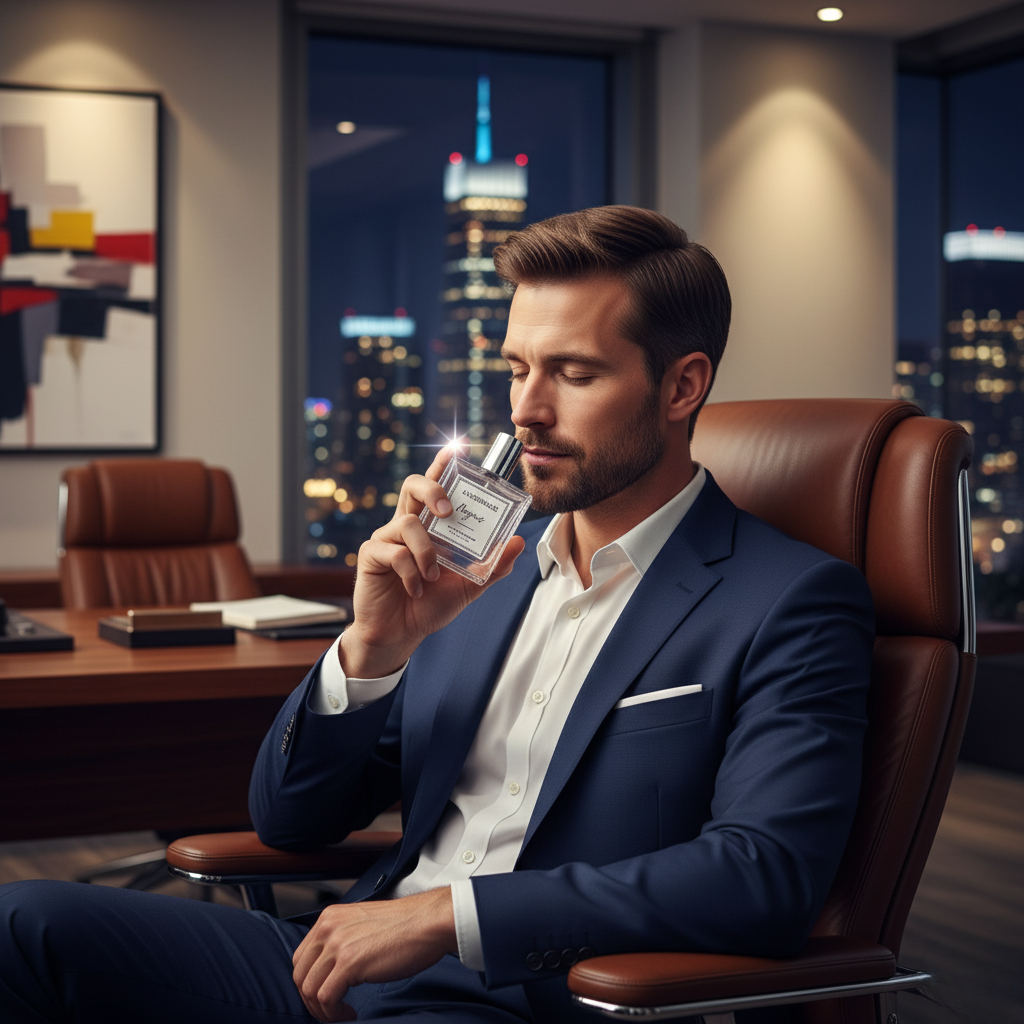 Man in a suit smelling a perfume bottle of alice and bruce in an office setting with cityscape background