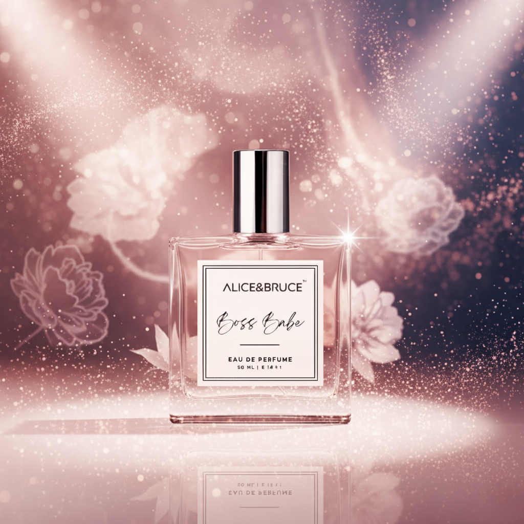 Perfume bottle with floral design and alice & bruce branding on a sparkling background