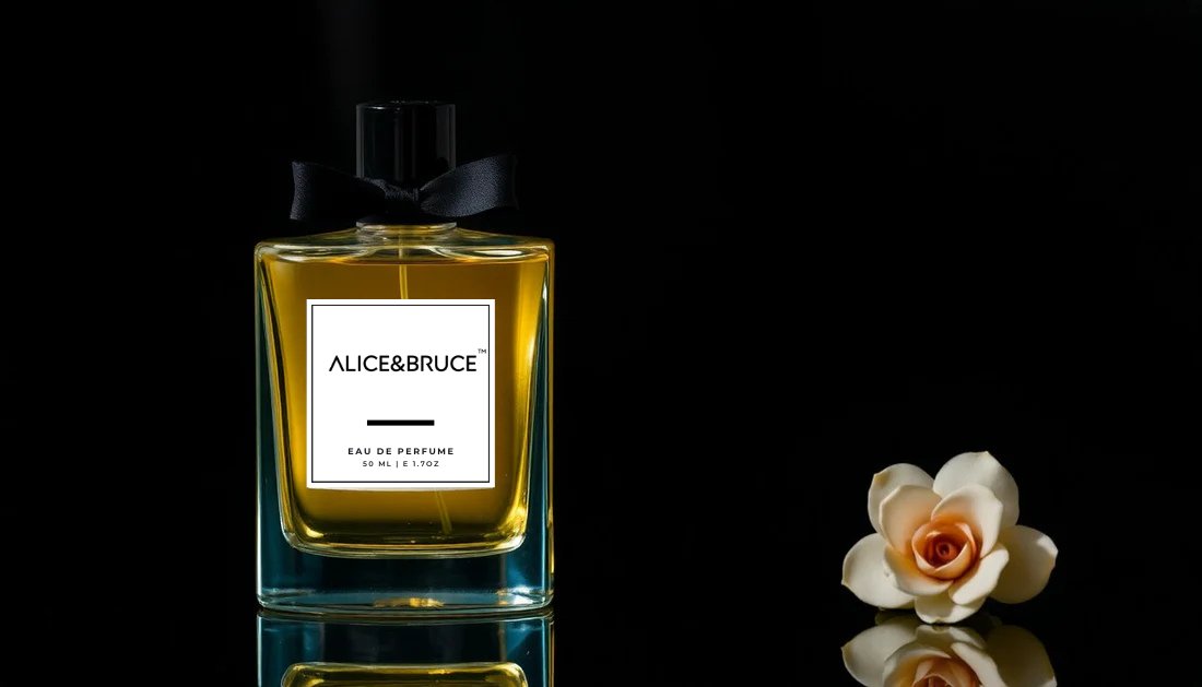 Alice&Bruce perfume fragrance review featuring a stylish glass bottle with golden liquid and a white flower on a black background