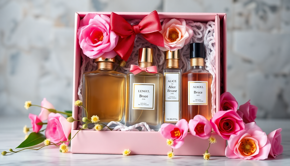 A gift box with elegant perfume bottles and flowers brand name alice and bruce