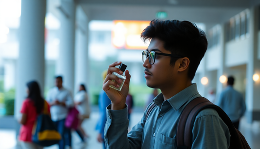 A student applying perfume in a college campus in Pune