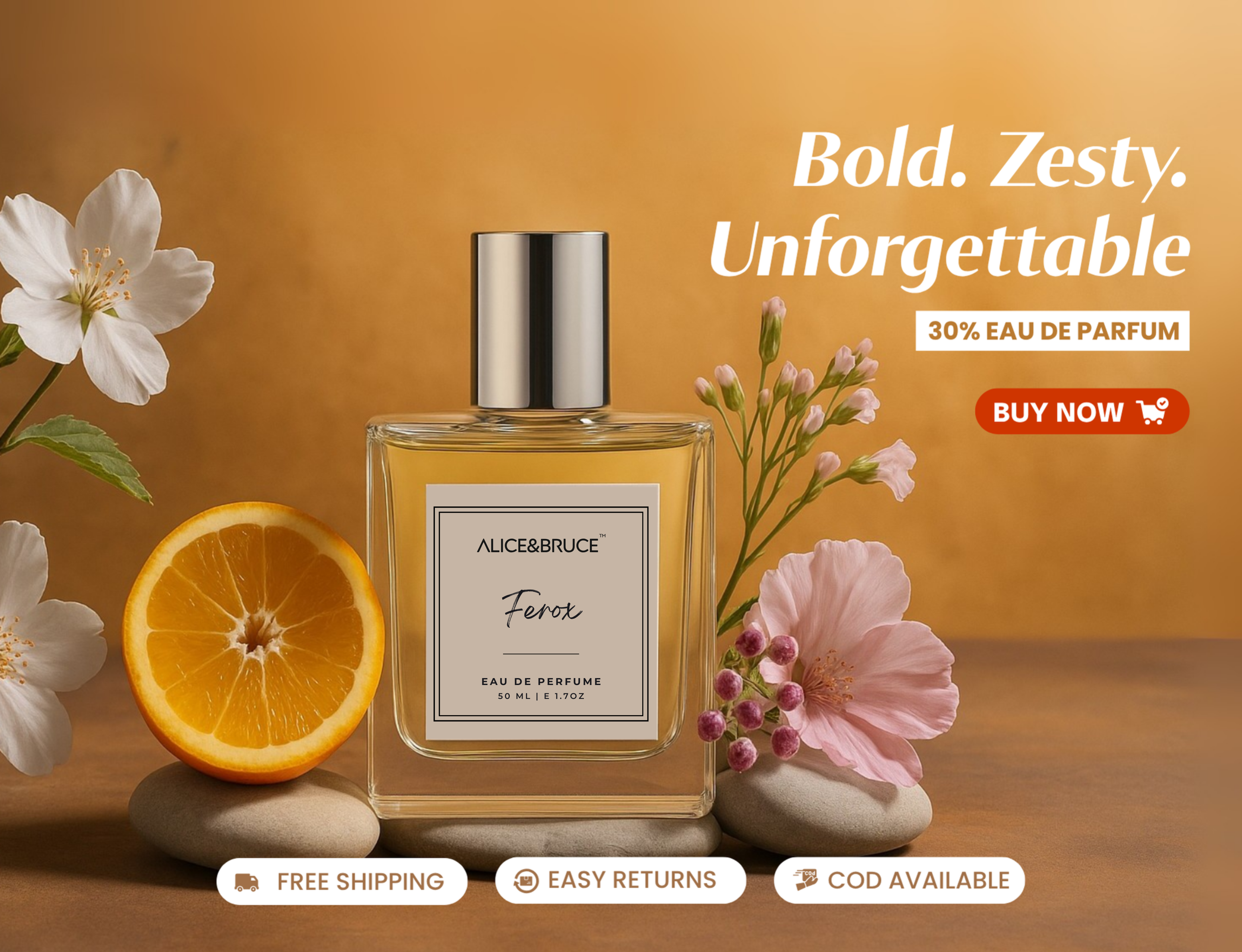 Alice and Bruce Perfume bottle labeled Ferox with flowers and an orange on a brown background