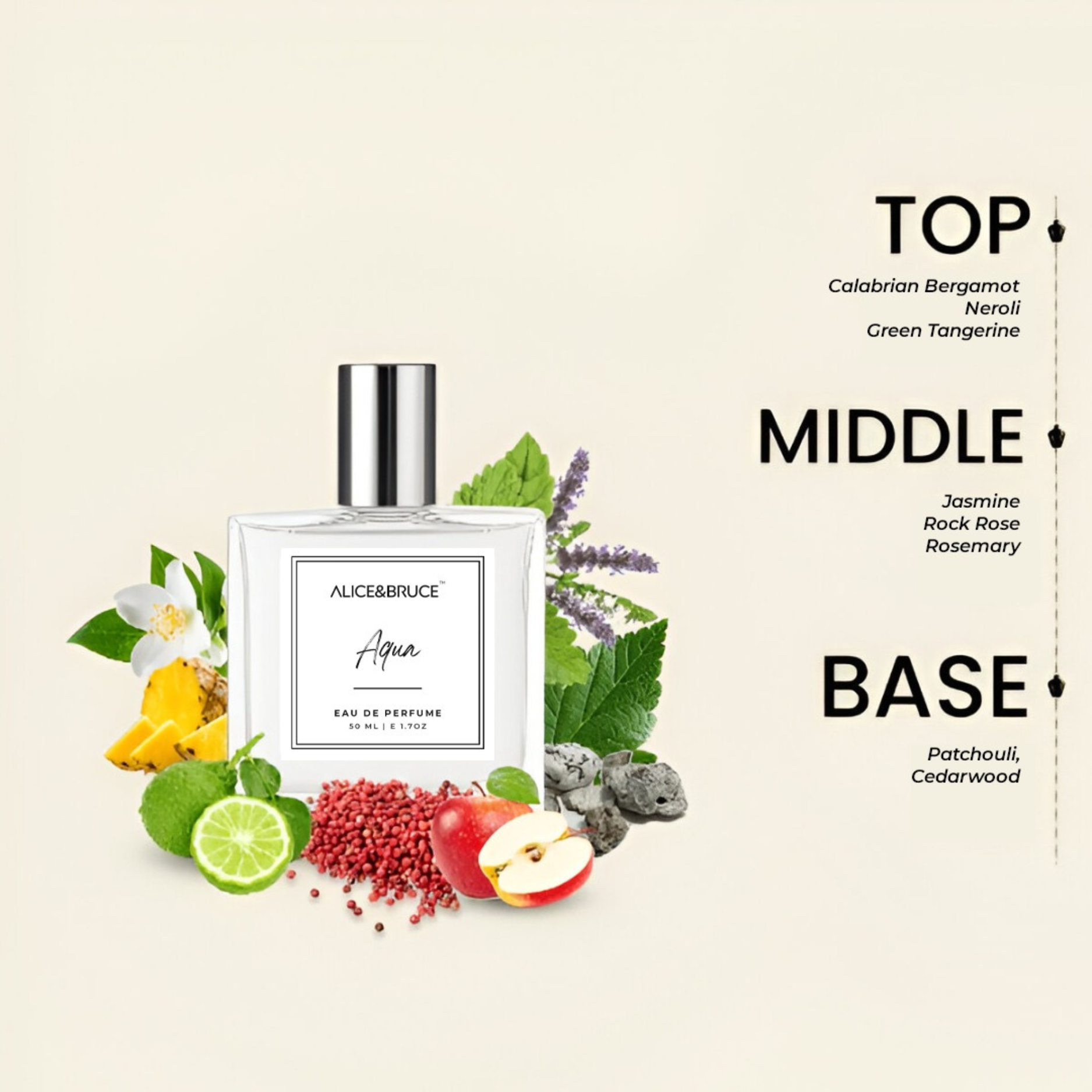 Alice&Bruce Aqua Di Gio men's perfume bottle surrounded by ingredients highlighting top, middle, and base notes