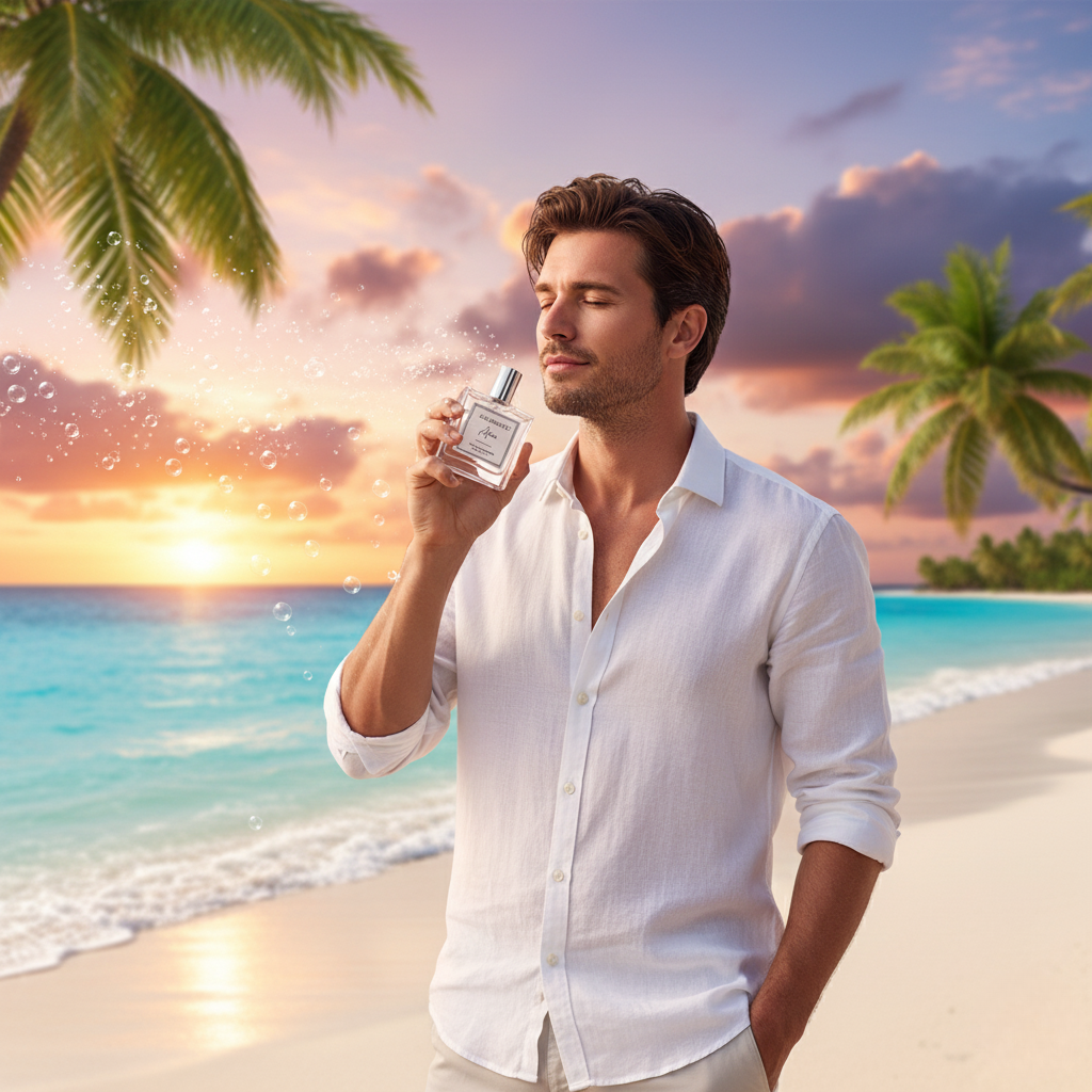 Man holding a perfume bottle of alice and bruce on a tropical beach with palm trees and sunset.