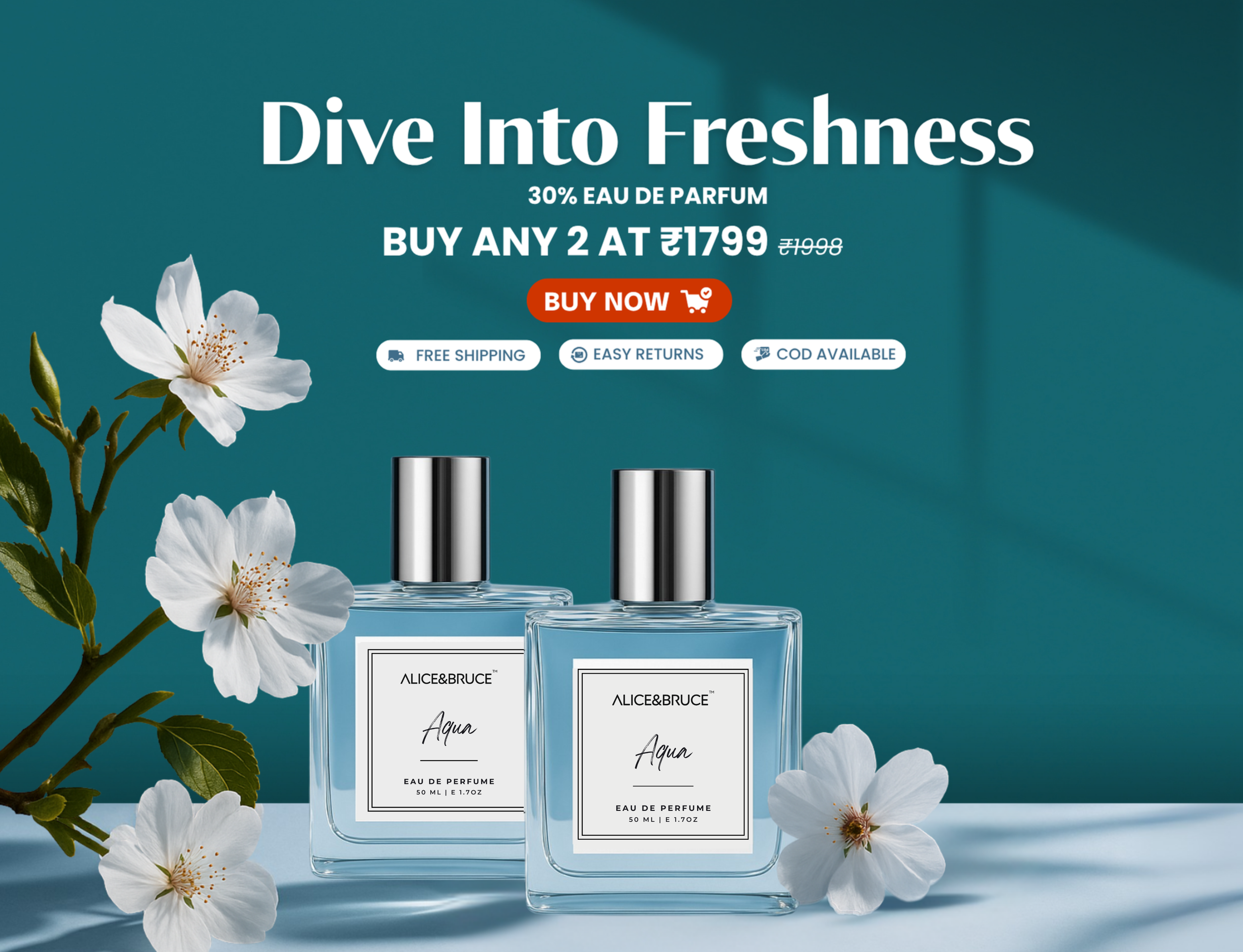 Alice and Bruce Aqua Perfume Two bottles of Eau de Parfum with flowers on a blue background, featuring promotional text.