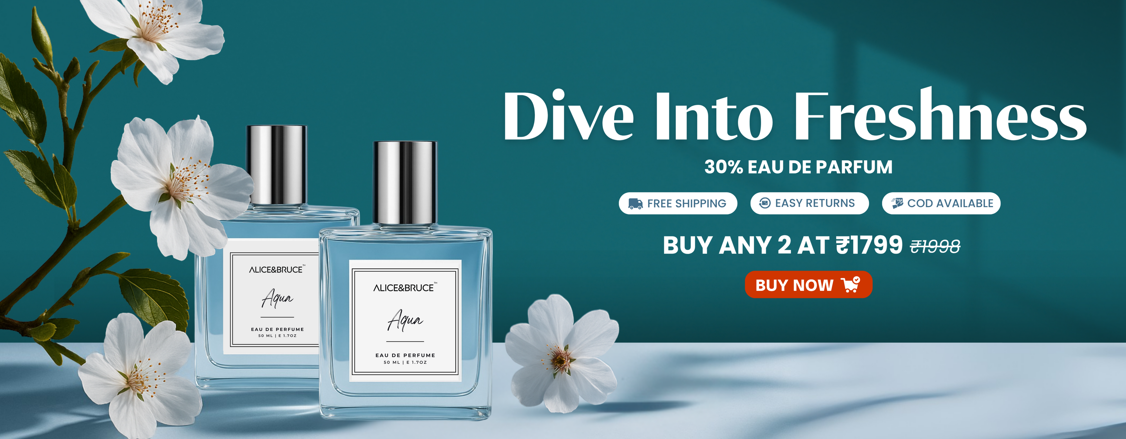 Alice and Bruce Aqua Perfume Two bottles of Eau de Parfum with flowers on a blue background, featuring promotional text.