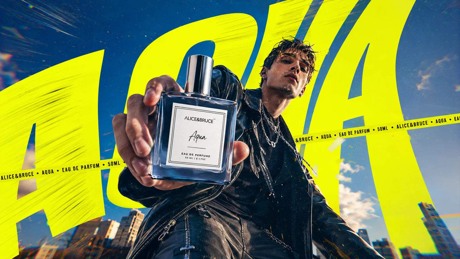 Man holding Alice and Bruce Aqua perfume in a bold urban street style campaign with vibrant blue background
