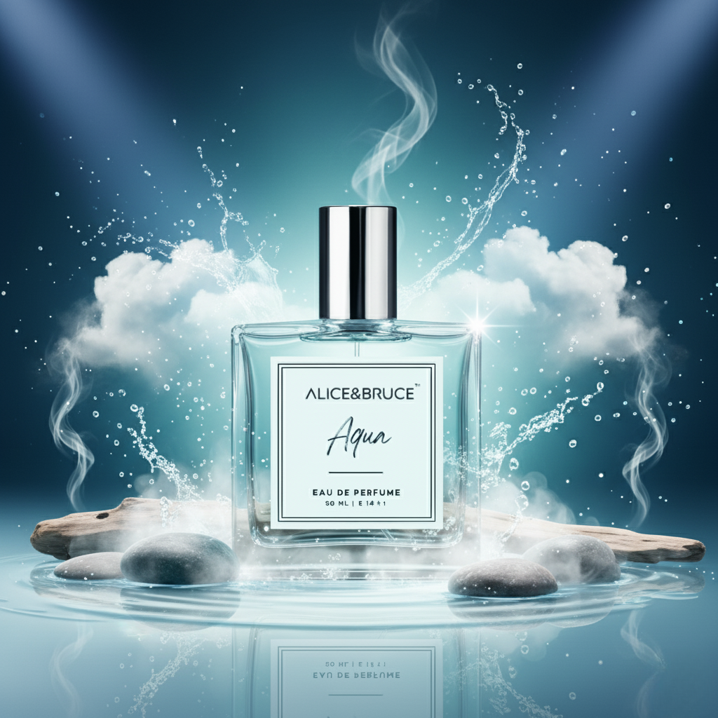 Perfume bottle labeled Alice & Bruce Aqua with water and cloud effects on a dark blue background
