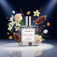 alice and bruce perfume bottle with flowers and vanilla beans on a dark background
