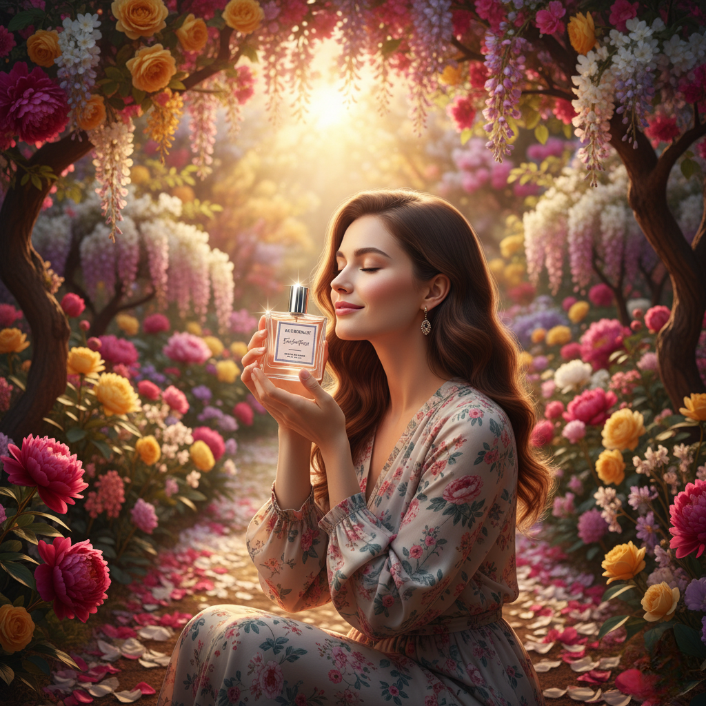Woman holding a perfume bottle of alice and bruce in a garden of flowers