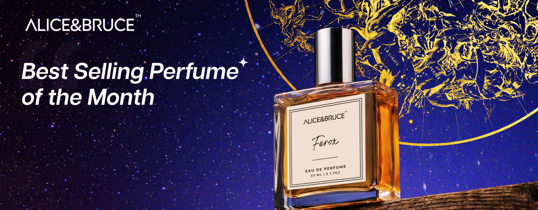 Alice & Bruce perfume bottle with 'Best Selling Perfume of the Month' text on a starry background