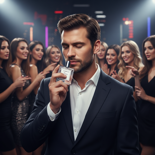 Man holding a perfume bottle of alice and bruce with women in the background