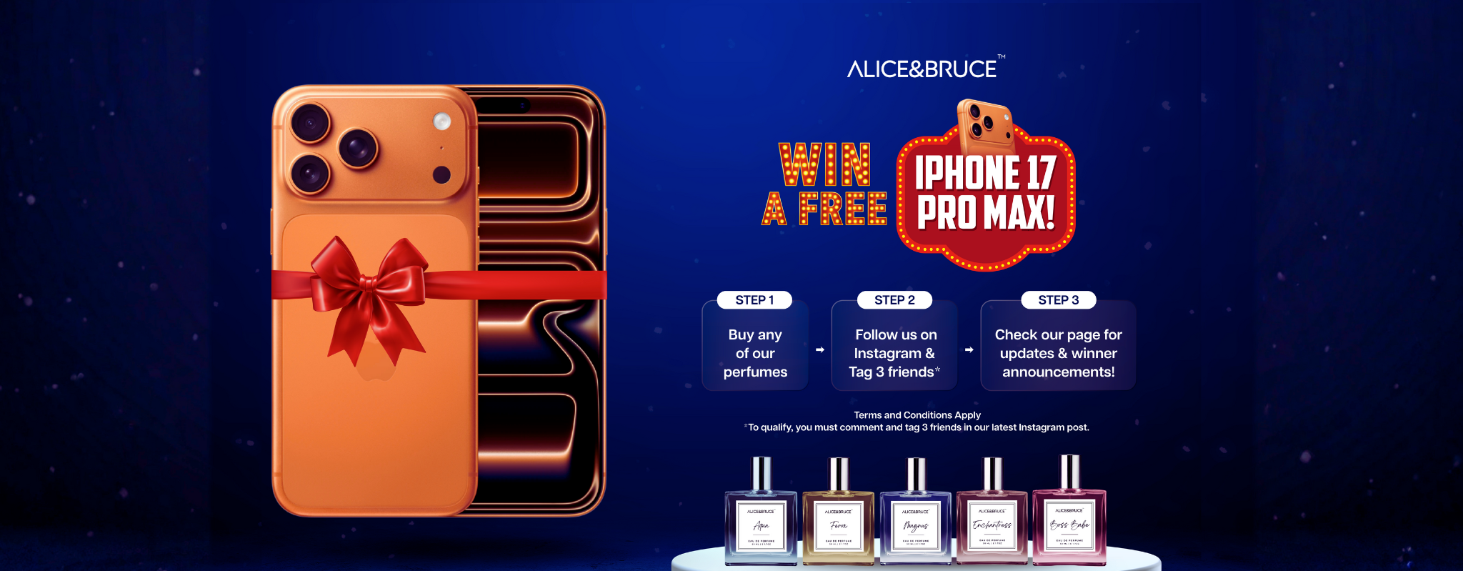 Promotional banner for a contest to win an iPhone 17 Pro Max with perfume bottles displayed of alice and bruce