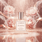 Perfume bottle labeled Alice & Bruce Enchantress surrounded by pink roses and ribbons on a sparkling background.