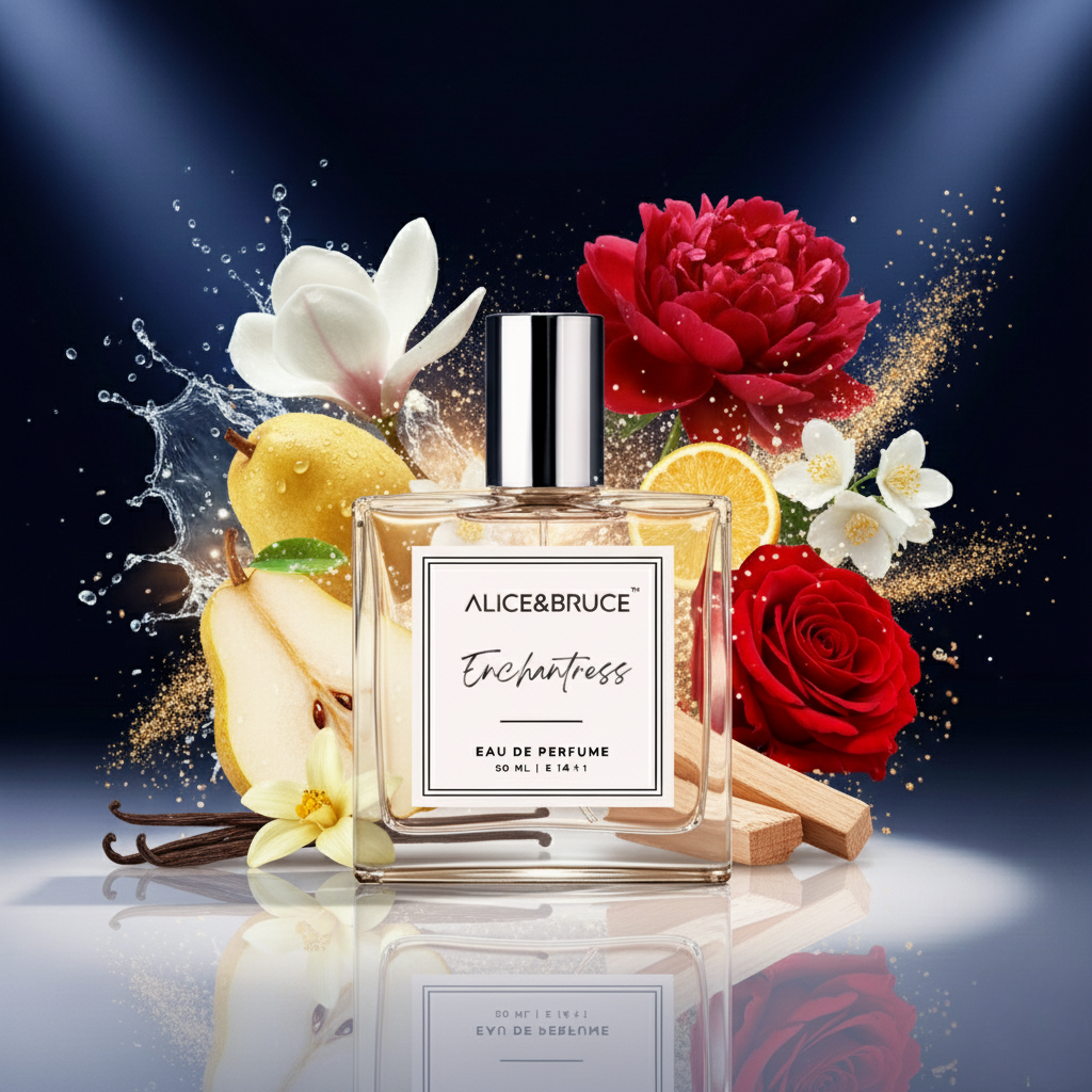 Perfume bottle labeled Alice & Bruce Enchantress surrounded by flowers and fruits on a dark background