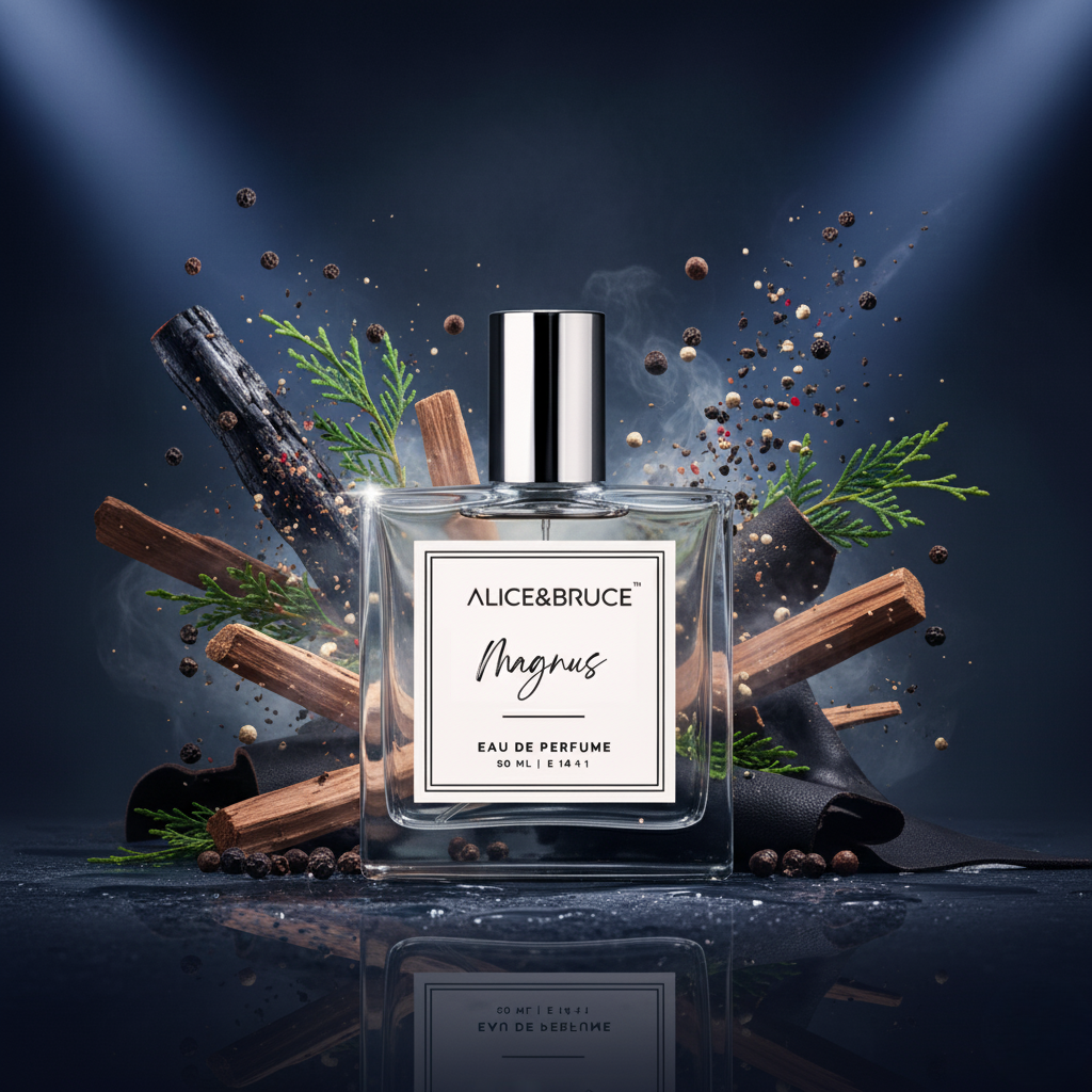 Perfume bottle labeled Alice & Bruce Magnus with cinnamon sticks and greenery on a dark background
